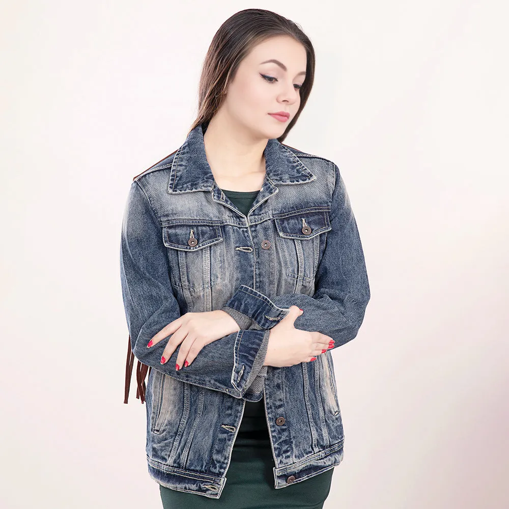 ADJKT016 Genuine leather Hand tooled hand carved Women 100% cotton Denim jacket  dress ladies girl